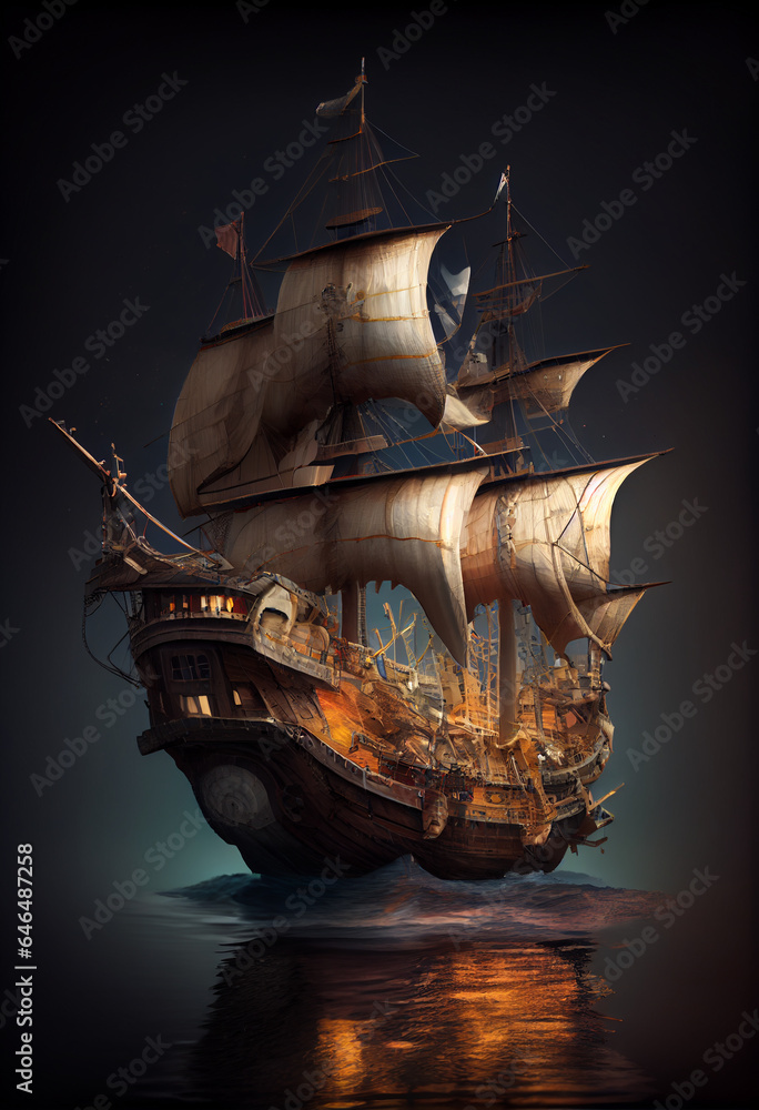 Photorealistic pirate schooner or sailing ship in 16th-17th century style. AI generative. - obrazy, fototapety, plakaty 