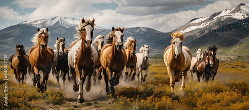Thundering Herd of Wild Horses - Majestic Steppes Run - Mountain Backdrop - Generative AI