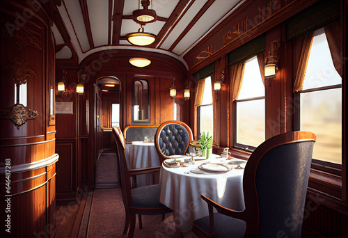 Restaurant car in the style of the 19th century. The interior of an expensive train. AI generative. © serperm73