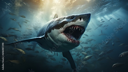 Giant angry white shark with open jaw stalking prey in deep ocean. Generative AI.