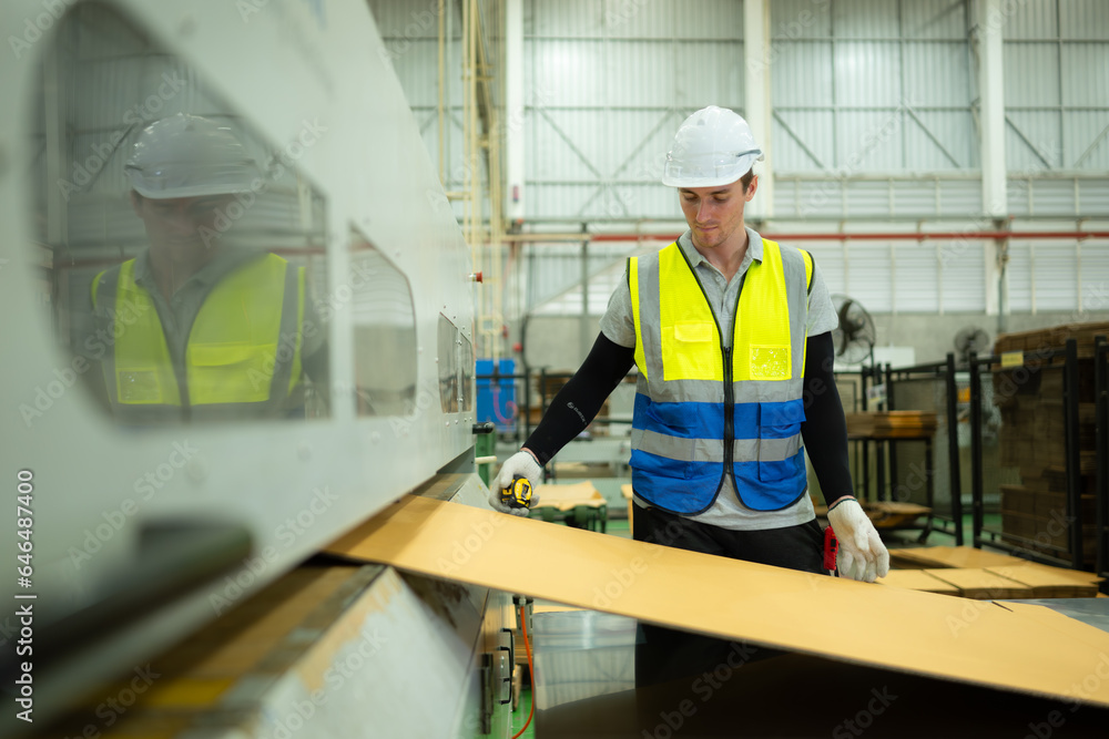 Portrait of a male worker working on a conveyor belt in a paper factory. Measuring and inspecting the paper coming out of the machine. Portrait of a male worker working on a conveyor belt in a paper factory. Measuring and inspecting the paper coming out of the machine.