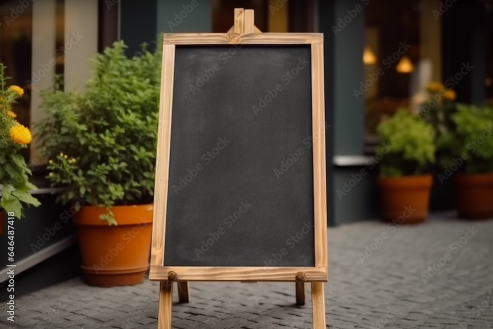 Mockup, advertising billboard near a cozy European restaurant or cafe. Cafe menu or pointer board for writing information to guests. AI generated.