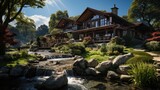 wooden villa in countryside waterfall background
