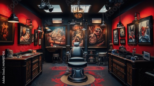 Modern and creative tattoo parlor with a chair. Brutal interior design