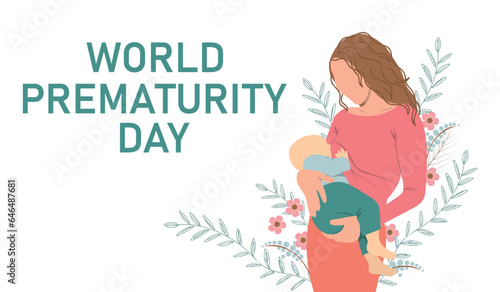 World prematurity day. Flat vector illustration. Mother with child