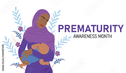 Muslim woman breastfeeds a baby. Prematurity awareness month is observed every year in November. Flat vector illustration. 
