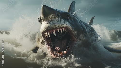 Giant angry white shark with open jaw emerges from the water. Generative AI.