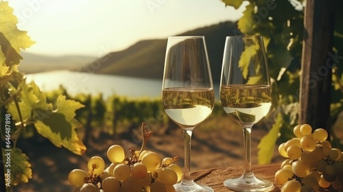 Two glasses of white wine against the backdrop of vineyards in the sun.