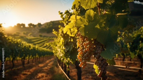 Close-up of grapes, vineyard against the background in the light of the sun