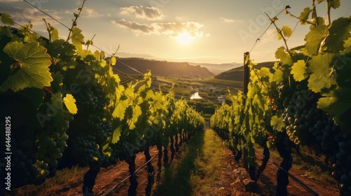 Vineyard at sunset in sunlight. Winemaking and grape fields.