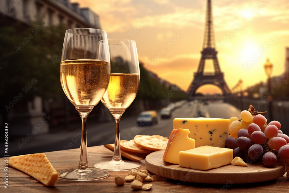 Romantic dinner, wine, cheese, grapes in a hotel room against the backdrop of the city's famous sights. AI generated.
