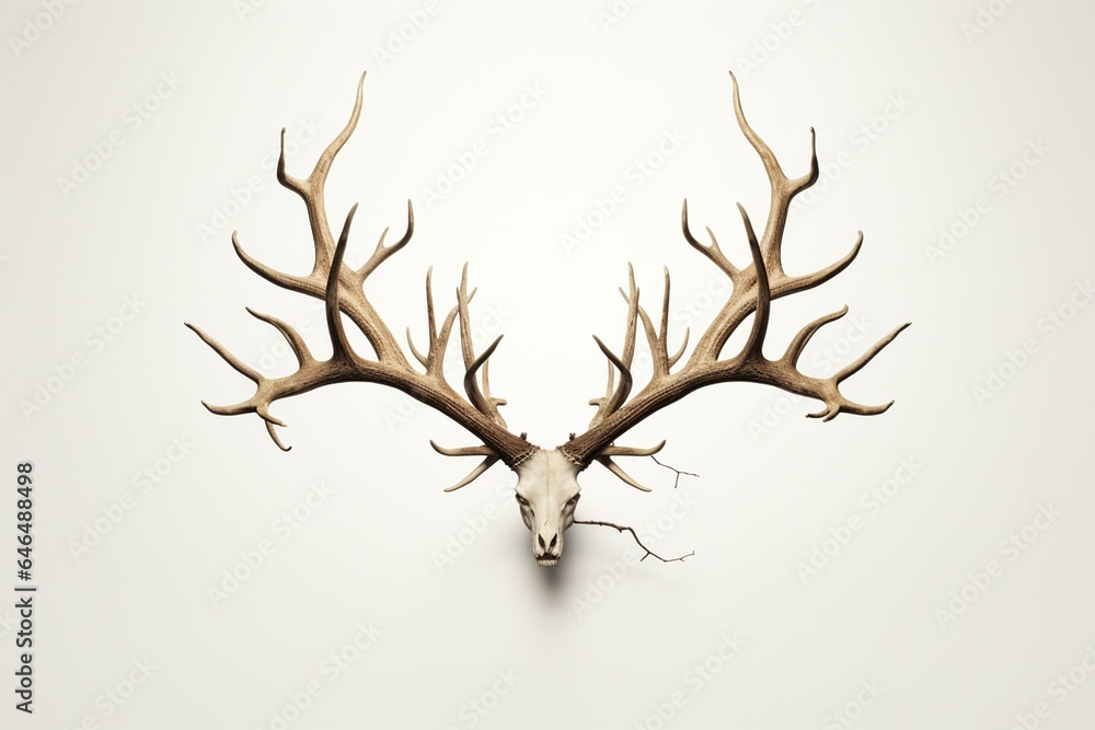 Antlers of a deer stand alone on a white background in a 3D generated image. Generative AI