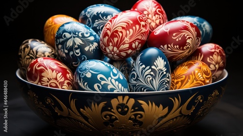 decorating handmade eggs for Easter in a plate with an ornament on the table. rustic style