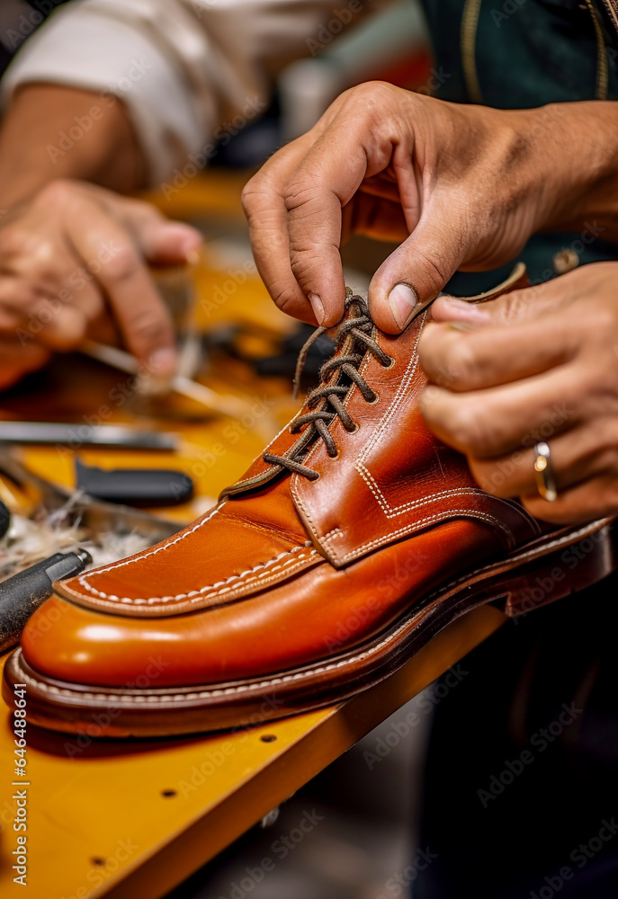Close-up on the hands of a shoemaker who is repairing a shoe