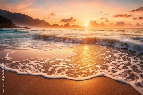 A serene beach at dawn, with the sun rising over the calm ocean, casting a warm and colorful glow on the water and sand. 