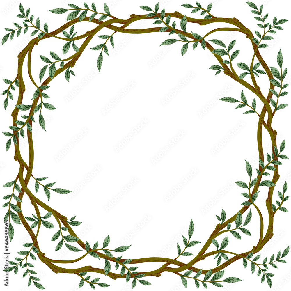 Brown branch with green foliage frame. Wreath illustration. Brown branch with green foliage frame. Wreath illustration.