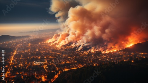 engulfed forest fires come close to the city and houses, environmental problems and disaster. 