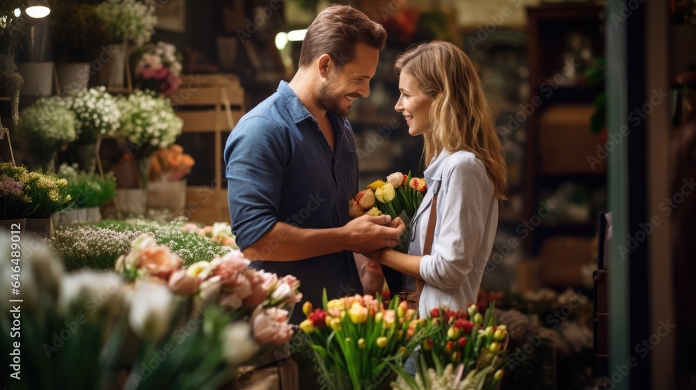 A man gives a bouquet to a woman in a flower shop. Romantic date.
