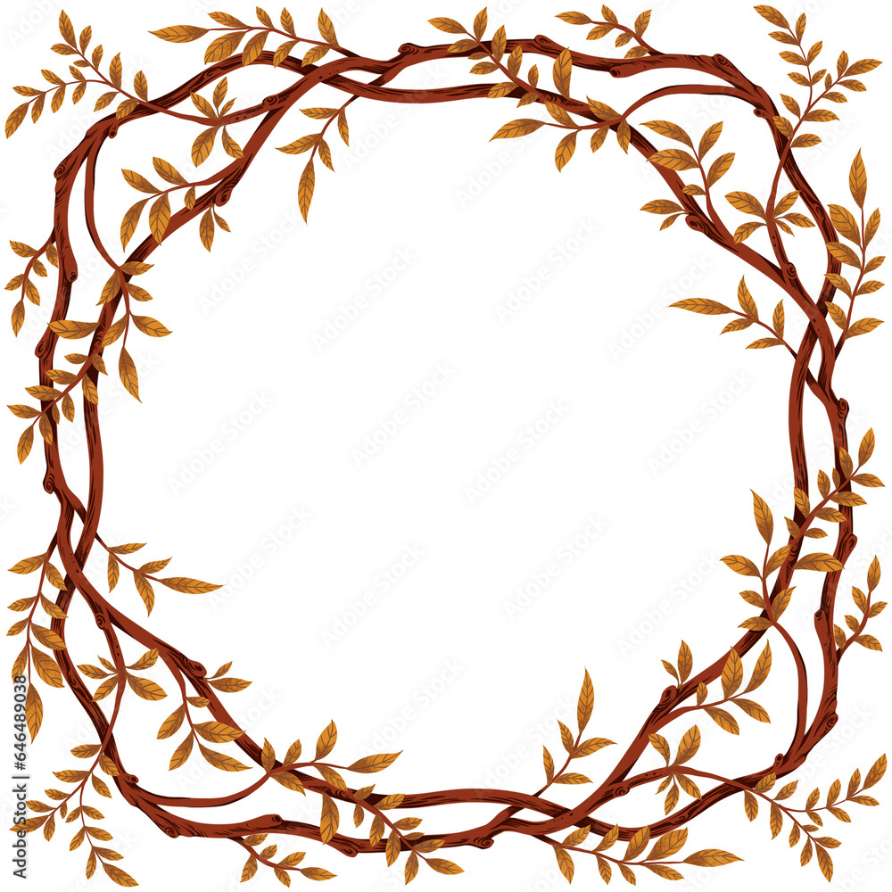 Brown branch with foliage frame. Wreath illustration. Brown branch with foliage frame. Wreath illustration.