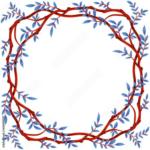 Red branch with blue foliage frame. Wreath illustration.