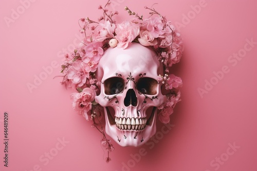 Flower and skull on pink background. Minimal springtime Santa Muerte backdrop. Generative AI