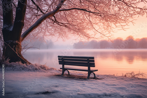 A bench by a lake in winter © frimufilms