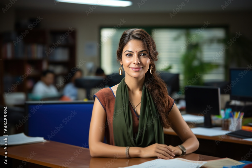 Indian happy bank employee looking at camera while standing in office Indian happy bank employee looking at camera while standing in office
