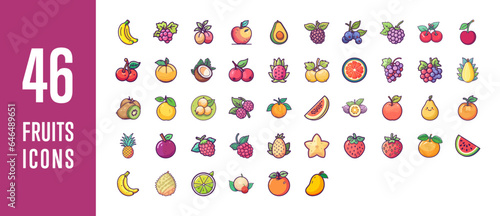Fototapeta Naklejka Na Ścianę i Meble -  Fruits Flat Editable Icons set. Vector illustration in modern flat color style of Fruits icons, flat color icons, Banana, Apple, Mango, Cherry, Avocado. Isolated on white background, Pixel Perfect