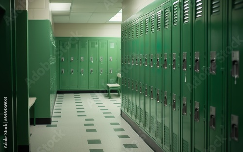 A row of green lockers in a hallway created with AI. AI, Generative AI