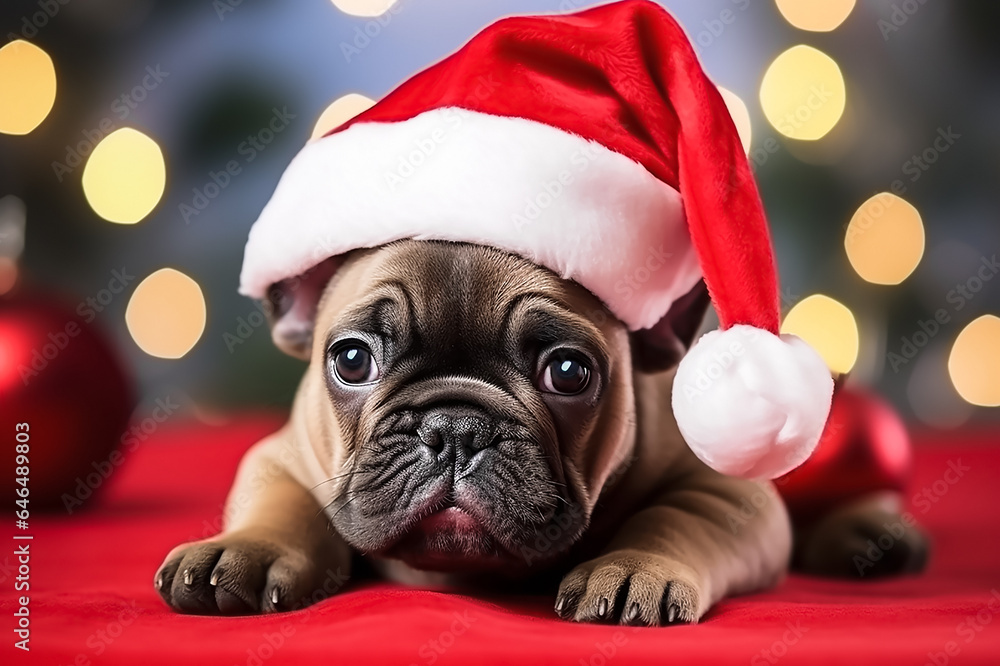 Portrait of cute French bulldog in a New Year's red hat on the blurred Christmas background. Close-up. Copy space. Portrait of cute French bulldog in a New Year's red hat on the blurred Christmas background. Close-up. Copy space.