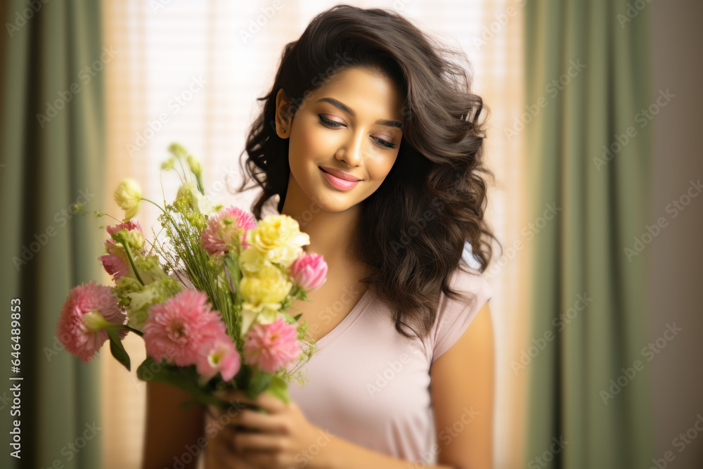 Indian Pretty young woman holding flower bouquet wil happy expressions Indian Pretty young woman holding flower bouquet wil happy expressions