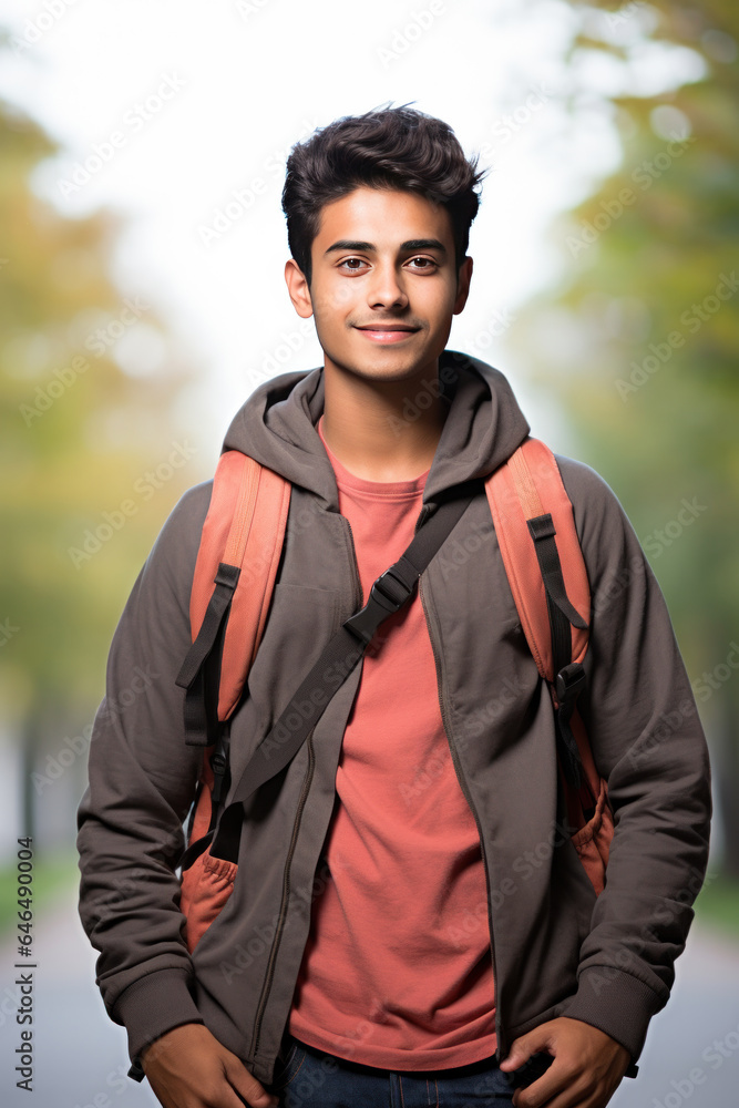 Indian male college student in campus with books and bag Indian male college student in campus with books and bag