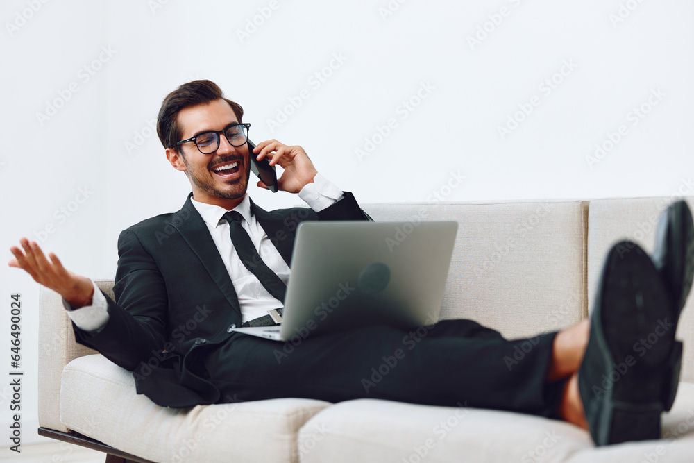 Phone man talk computer office laptop video businessman call Phone man talk computer office laptop video businessman call
