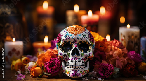 Mexican Day of the Dead (dia de los muertos): traditional altar with sugar skull, flowers and lit candles