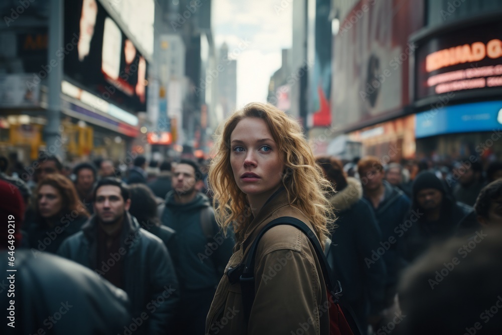 In the midst of a bustling crowd, a lone woman stands sharply in focus, her presence a captivating contrast, weaving a tale of individuality amidst urban chaos.