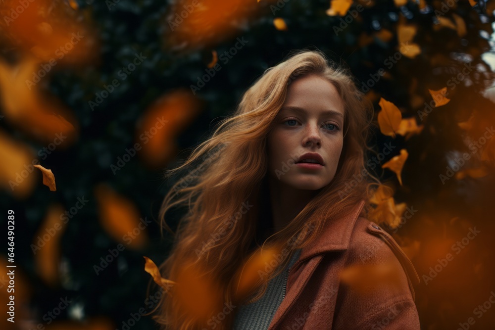 A lone woman stands amidst a unique blend of spring and autumn leaves, encapsulating a poignant merge of life's rejuvenation and graceful decay in nature's theater.