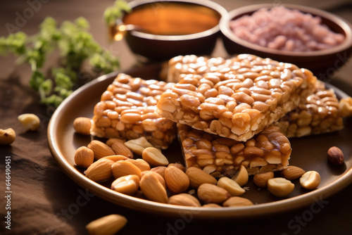 Jaggery Peanut chikki is a popular Indian healthy snack photo