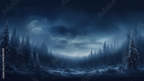 Mystical foggy winter forest with pine trees under night sky and stars. Generative AI.