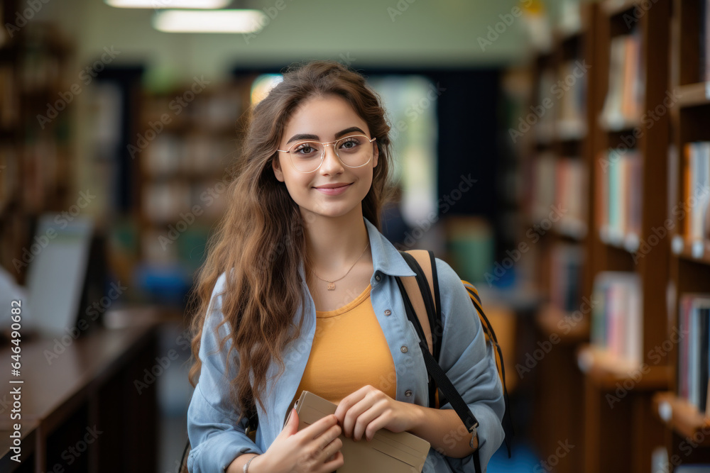 Indian female college student or university girl student with books and bag - obrazy, fototapety, plakaty 