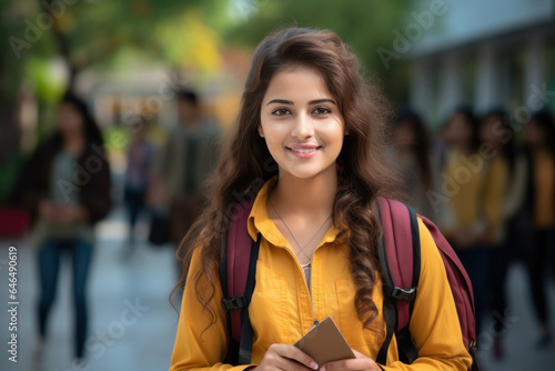 Indian female college student or university girl student with books and bag