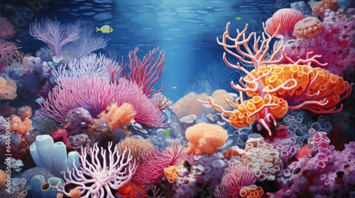 Underwater sea world. Ecosystem. Bright multi-colored corals on the ocean floor