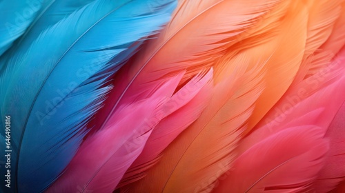 Texture background with feather surface of bright different colors in soft diffused light. Macro background of feathers  close-up. 