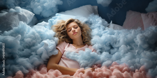 Hübsche Frau liegt im Bett schlafend wie im siebten Himmel mit Wolken bequem und ruhig Querformat für Banner, ai generativ