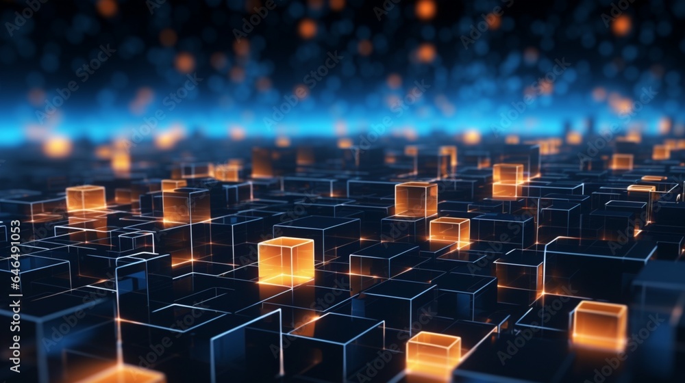 Obraz premium Background graphic for blockchain technology that is abstract, abstract technology, concepts of cryptocurrency blockchain, and augmented reality and virtual reality. Infinite pixels block structure