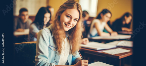 Students at a university of many nationalities, and high school groups of students studying in the classroom, and having an exam test