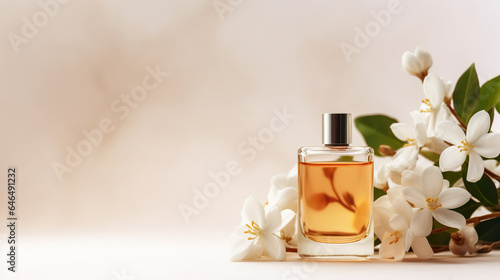 Bottle of perfume with flowers on beige background, copy space