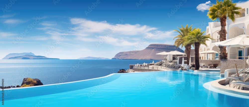 Santorini style of luxury beach sea view hotel and resort with blue sky, Generative AI