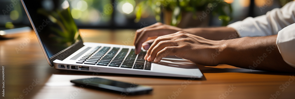 Wide banner of a man hands typing with a laptop and a mobile phone next to it wide web background banner  - obrazy, fototapety, plakaty 