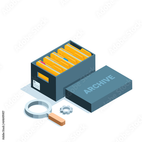 isometric archive box with folders in color on white background, archive or file storage