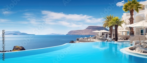 Santorini style of luxury beach sea view hotel and resort with blue sky  Generative AI